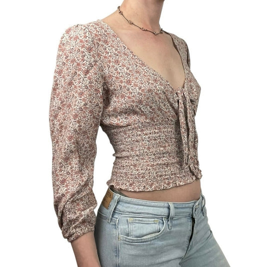 American Eagle Floral Long Sleeve Tie Front V-Neck Ruched Blouse