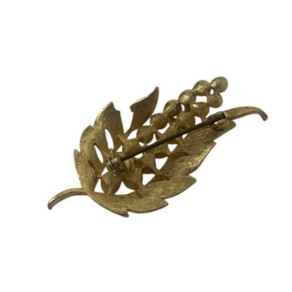 Vintage Gold Pearl & Rhinestone Leaf Pendant Brooch Pin