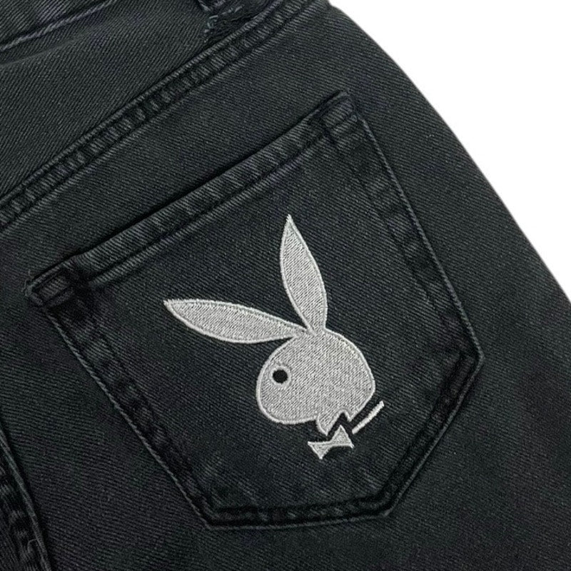 Playboy by PacSun Black Emrboidered High Rise Wide Leg Jeans