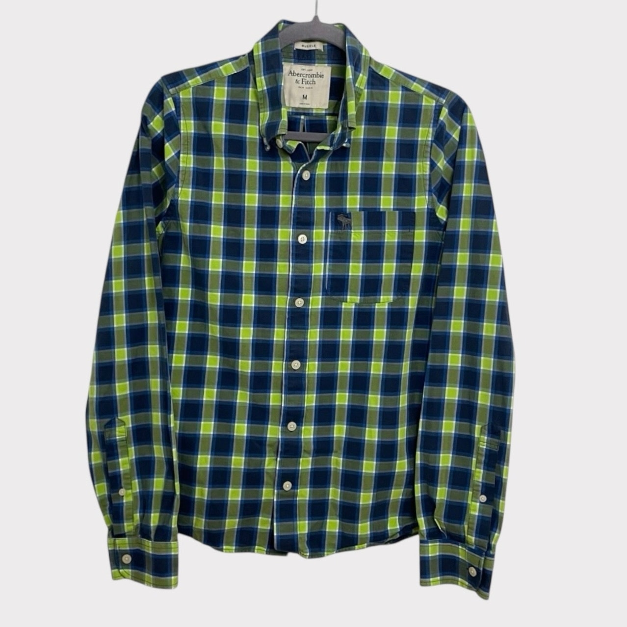Abercrombie & Fitch Mens Blue & Green Plaid Button Down Muscle Shirt