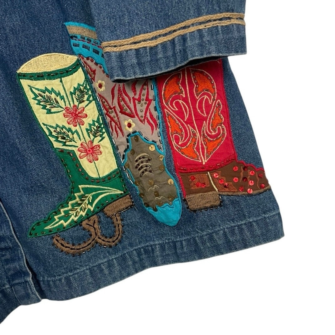 Roaman's Vintage Denim Western Boots Embroidered Button Down Jacket
