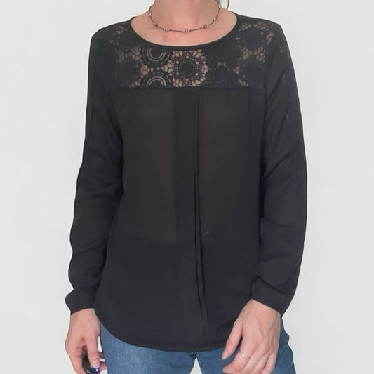 41 Hawthorn Sheer Black Lace Trim Long Sleeve Blouse