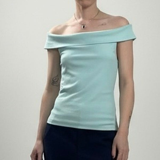 NWT Old Navy Blue Off the Shoulder Foldover Ribbed Blouse