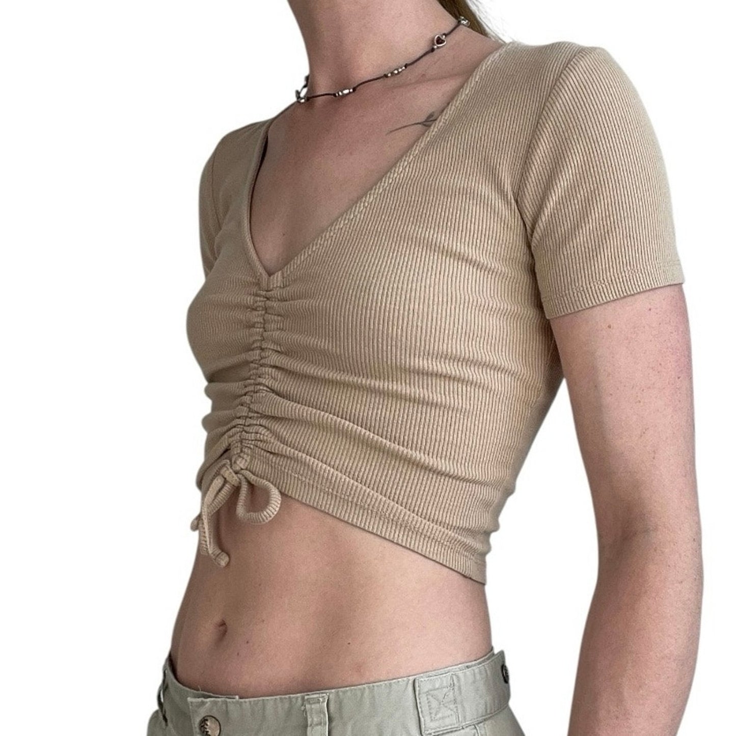 Beige Ribbed Cinched Short Sleeve Cropped Top