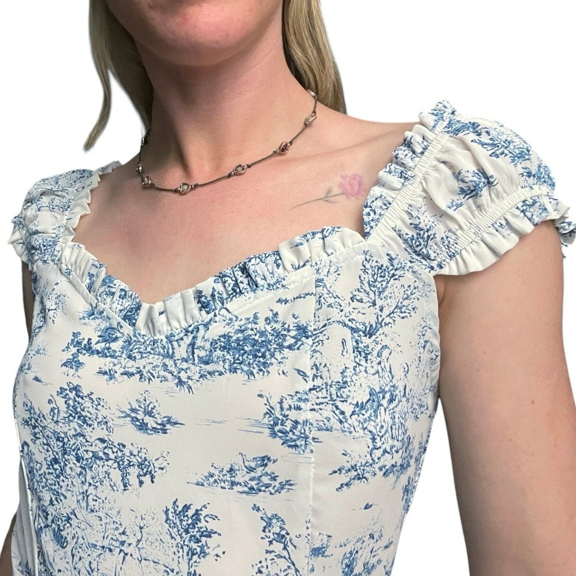 NWOT Cider Blue & White Boho Side Slit Ruffled Sleeve A-Line Midi Dress