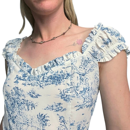 NWOT Cider Blue & White Boho Side Slit Ruffled Sleeve A-Line Midi Dress