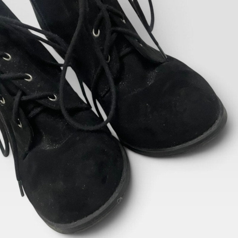 Soda Black Faux Suede Block Heel Lace Up Ankle Boots