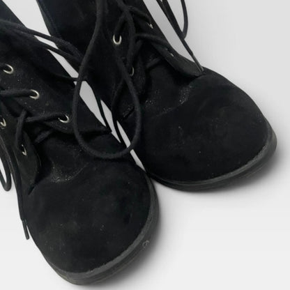 Soda Black Faux Suede Block Heel Lace Up Ankle Boots