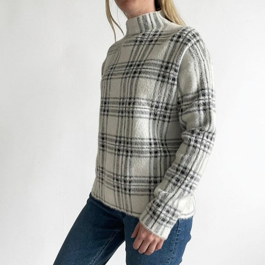 Tahari White & Black Plaid High Neck Fuzzy Knit Sweater