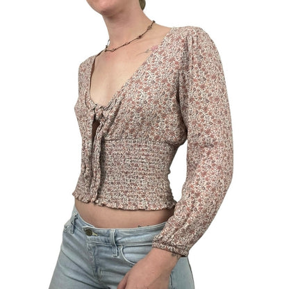 American Eagle Floral Long Sleeve Tie Front V-Neck Ruched Blouse