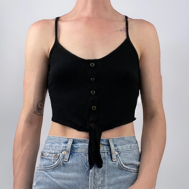 Bozzolo Black Soft Knit Cropped Button Front Tank Top