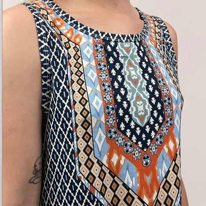 Blue & Orange Geometric Boho Print Mini Dress with Pockets