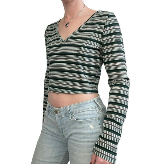 SHEIN Green Striped Cropped V-Neck Ribbed Long Sleeve Top