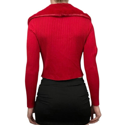 No Boundaries Red Ribbed Zip Up Fur Collar Long Sleeve Top