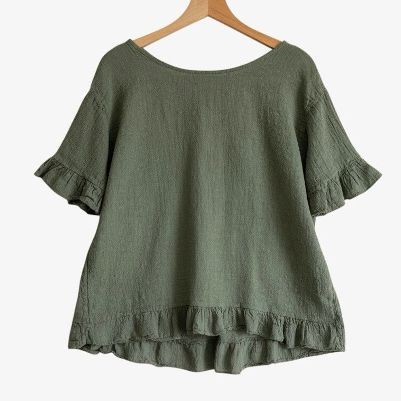Diverse Olive Green Ruffle Trim Blouse