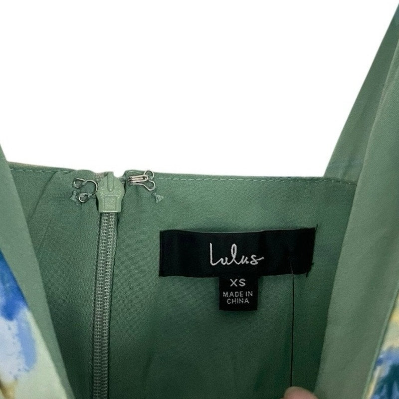 Lulus Silky Sage Green & Blue Floral Side Slit Plunge V-Neck Maxi Dress