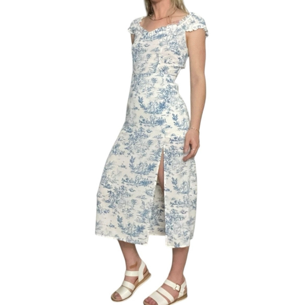 NWOT Cider Blue & White Boho Side Slit Ruffled Sleeve A-Line Midi Dress