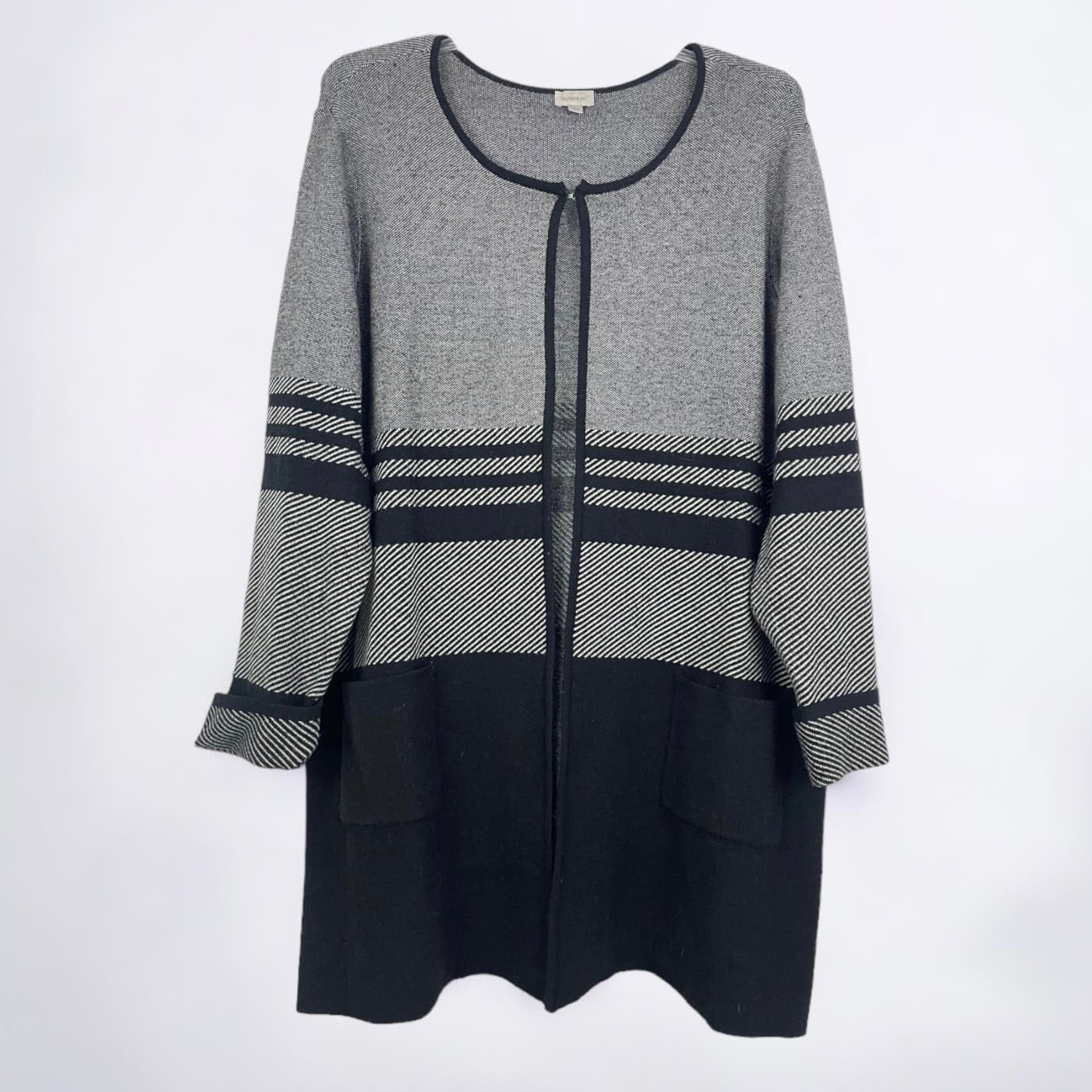 Avenue Grey and Black Striped Knit Long Cardigan Sweater