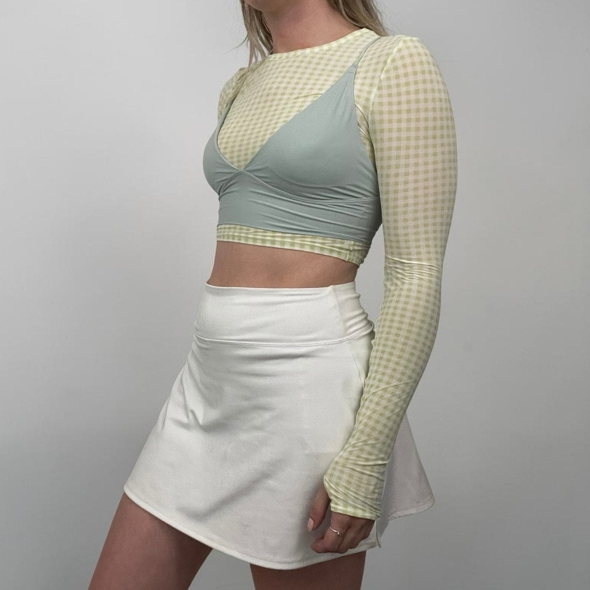 ALO Yoga Sheer Green Gingham Long Sleeve Cropped Top