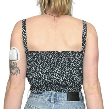 Brandy Melville Navy Blue & White Floral Cropped Ruched Tank Top