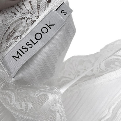 Misslook White Tie Front Sheer Lace Trim Cropped Top