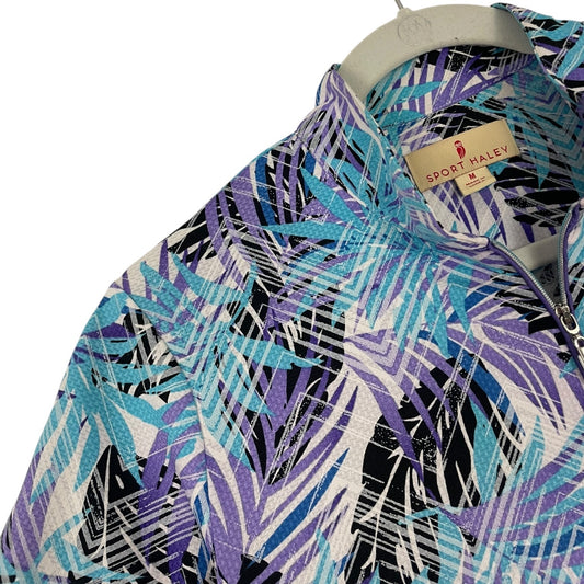 Sport Haley Blue & Purple Tropical Leaf Quarter Zip Active Polo Shirt