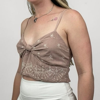 American Eagle Dusty Pink Boho Embroidered Cropped Tank Top
