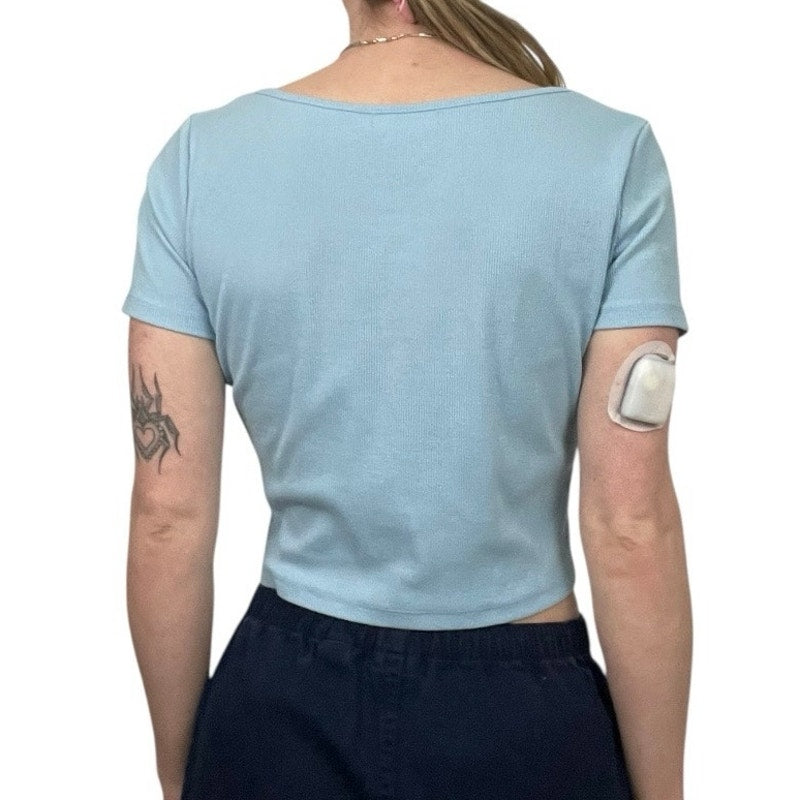 Romwe Blue Ribbed Tie Front Cropped Short Sleeve V-Neck Top