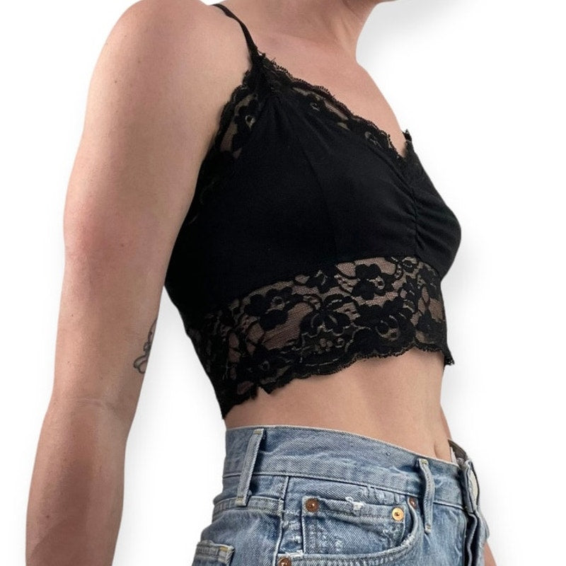 Black Lace Trim Cropped Cross Back Bralette Top