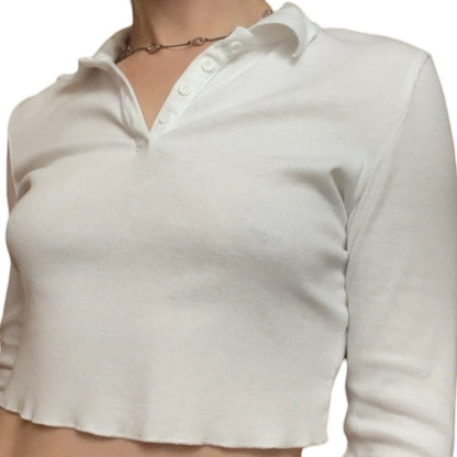 SHEIN White Ribbed Cropped Long Sleeve Collared Top