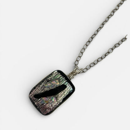 Vintage Abstract Black Iridescent Glass Pendant Silver Chain Statement Necklace