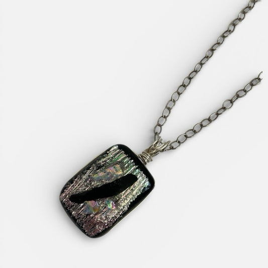 Vintage Abstract Black Iridescent Glass Pendant Silver Chain Statement Necklace