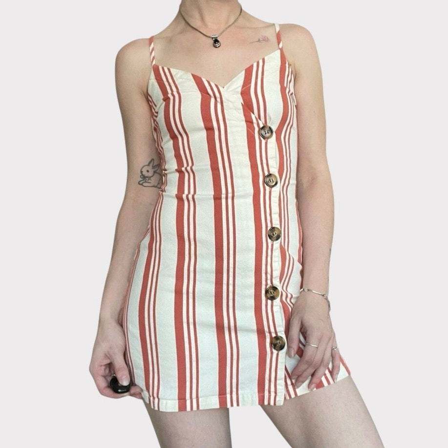 Sky and Sparrow Orange & White Striped Button Down V-Neck Mini Dress