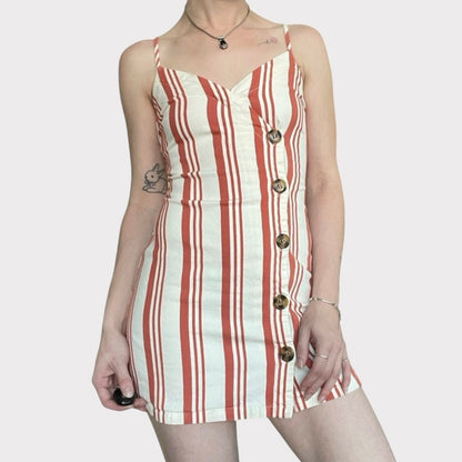 Sky and Sparrow Orange & White Striped Button Down V-Neck Mini Dress