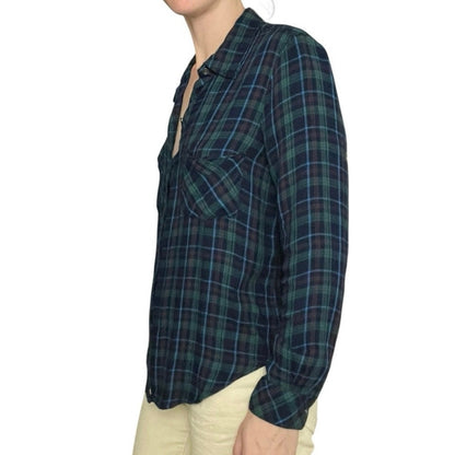 William Rast Missy Blue & Green Plaid Long Sleeve Button Down Shirt