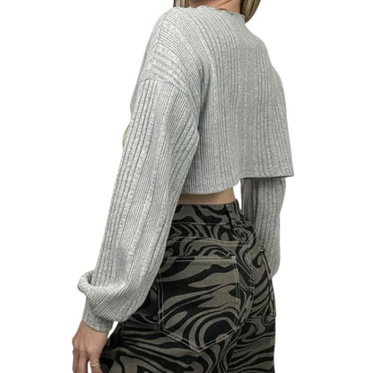 Grey Ribbed Cropped V-Neck Long Sleeve Top