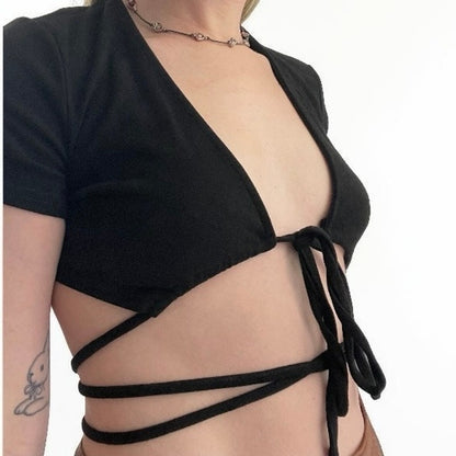 Adika Black Wraparound Tie Front Cropped Top