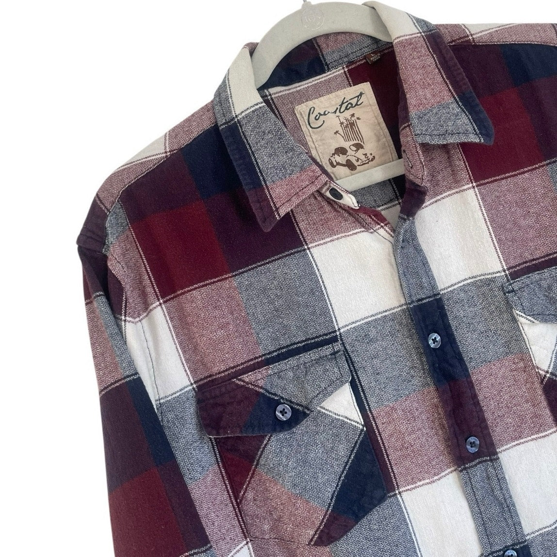 Coastal Mens Red & Navy Plaid Button Down Flannel Shirt