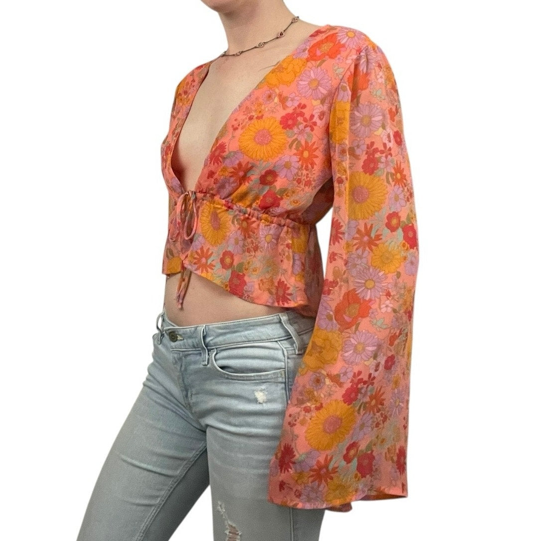 Wild Fable Sheer Orange Floral Long Bell Sleeve Tie Front Blouse