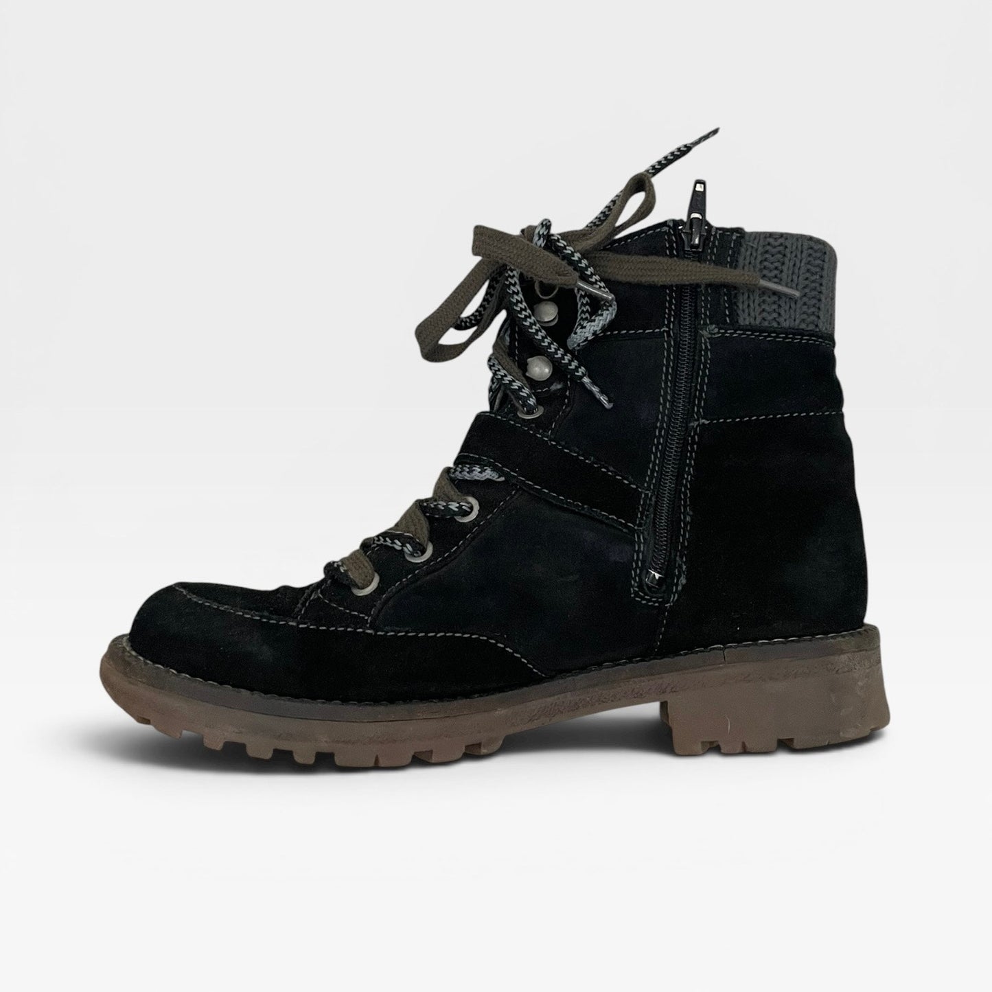 Colony Black Suede Knit Cuff Lace Up Combat Ankle Boots