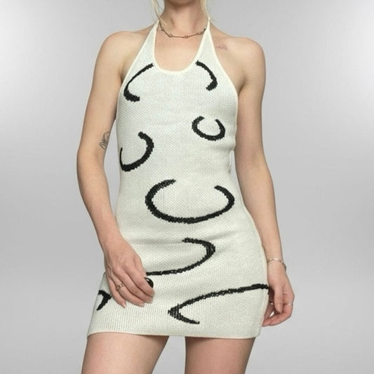 Cider White & Black Abstract Knit Halter Neck Open Back Mini Dress