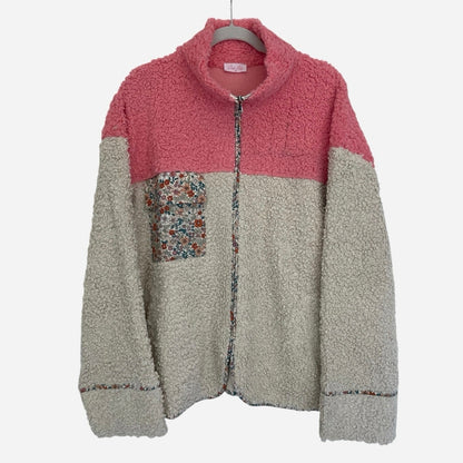 Pink Lily Color Block Sherpa Teddy Fleece Zip Up Jacket