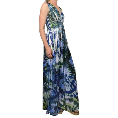 AB Studio Blue & Green Boho Paisley A-Line V-Neck Maxi Dress