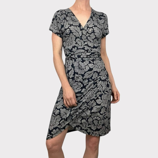 LOFT Navy Blue & White Floral Wrap Mini Dress