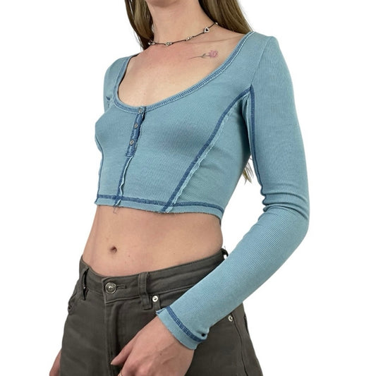 Out From Under Blue Contrast Stitch Patchwork Long Sleeve Cropped Top