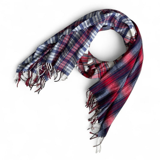 Soft Red & Blue Plaid Fringe Scarf