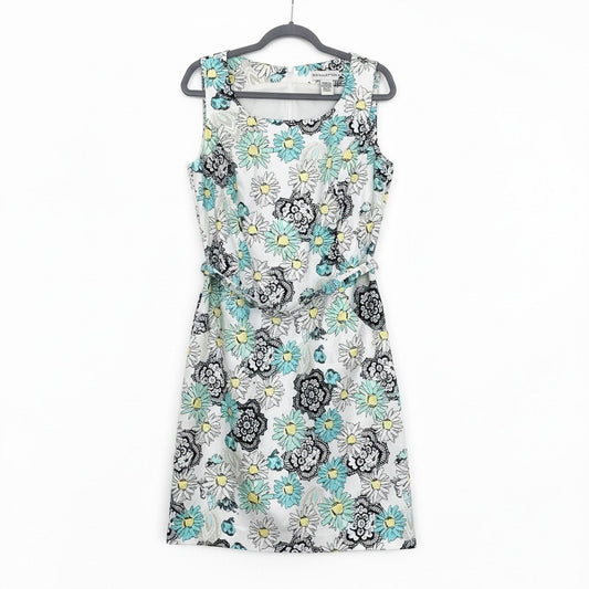 Doncaster Blue & Yellow Floral Print Dress with Matching Belt