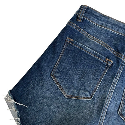 Kancan Dark Wash Distressed High Rise Mini Jean Shorts