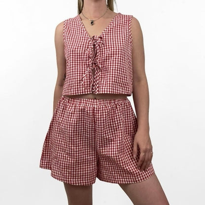 Red & White Gingham Tie Front Cropped Top & Mini Shorts Matching Set