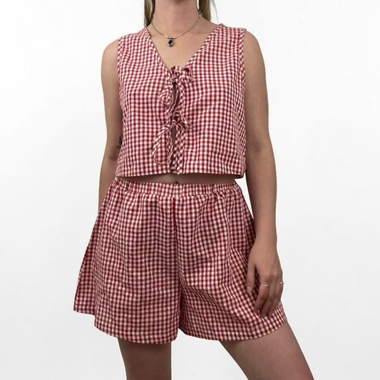Red & White Gingham Tie Front Cropped Top & Mini Shorts Matching Set